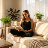 Woman reading a book on a couch in a bright living room